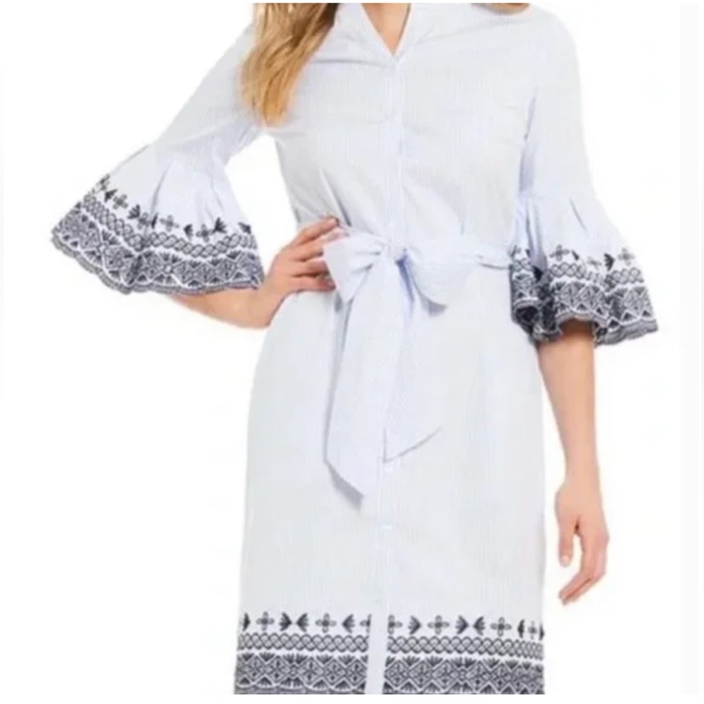 Cremieux Blue White Embroidered Shirt Dress Size 14 Belted Springcore Elevated